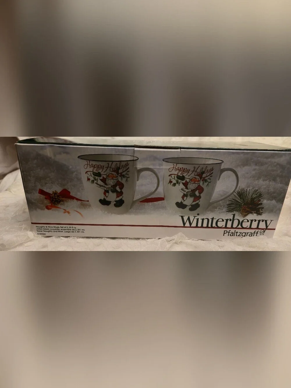 Pfaltzgraff Winterberry Santa Naughty /  Nice List Mugs  NEW w/BOX